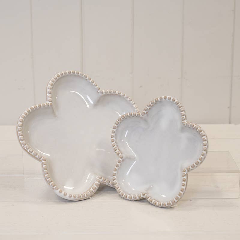 Natural Ceramic Flower Shaped Plate with Bobble Rim: Large