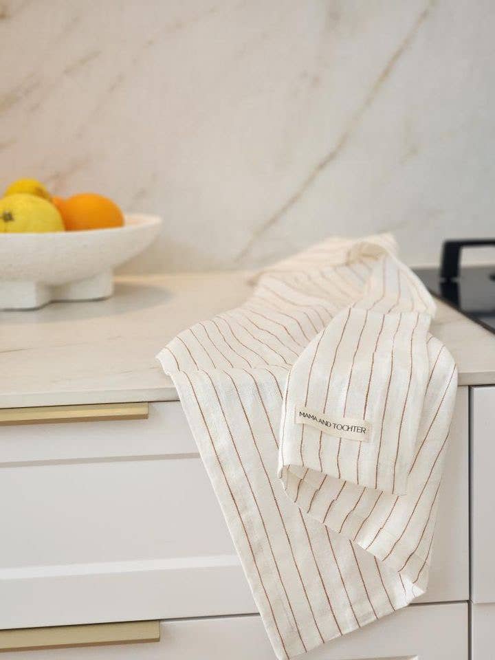 Pure French Linen Tea Towel - Toffee Pinstripes
