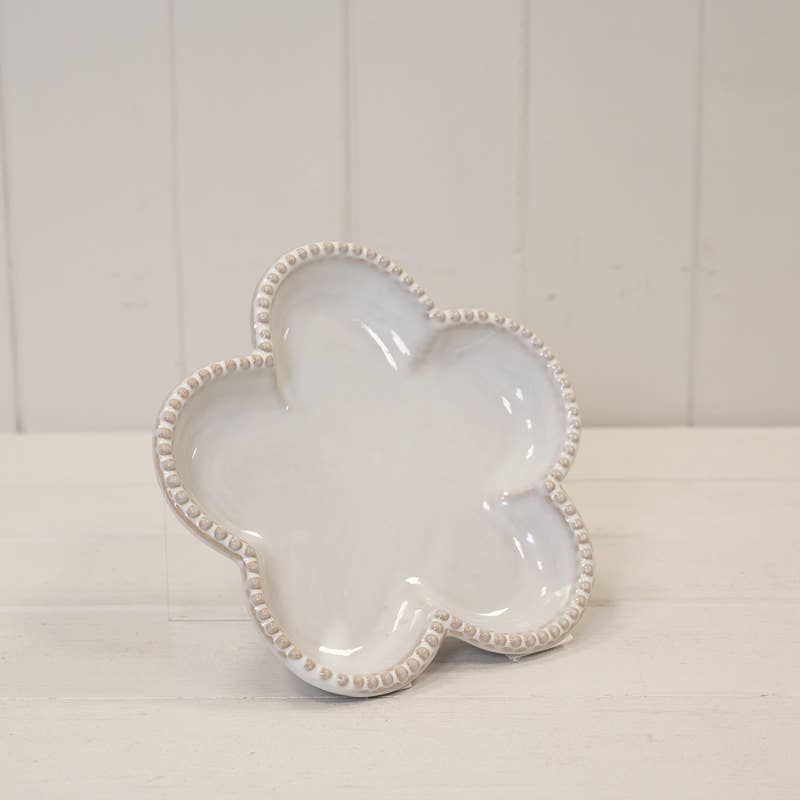 Natural Ceramic Flower Shaped Plate with Bobble Rim: Large