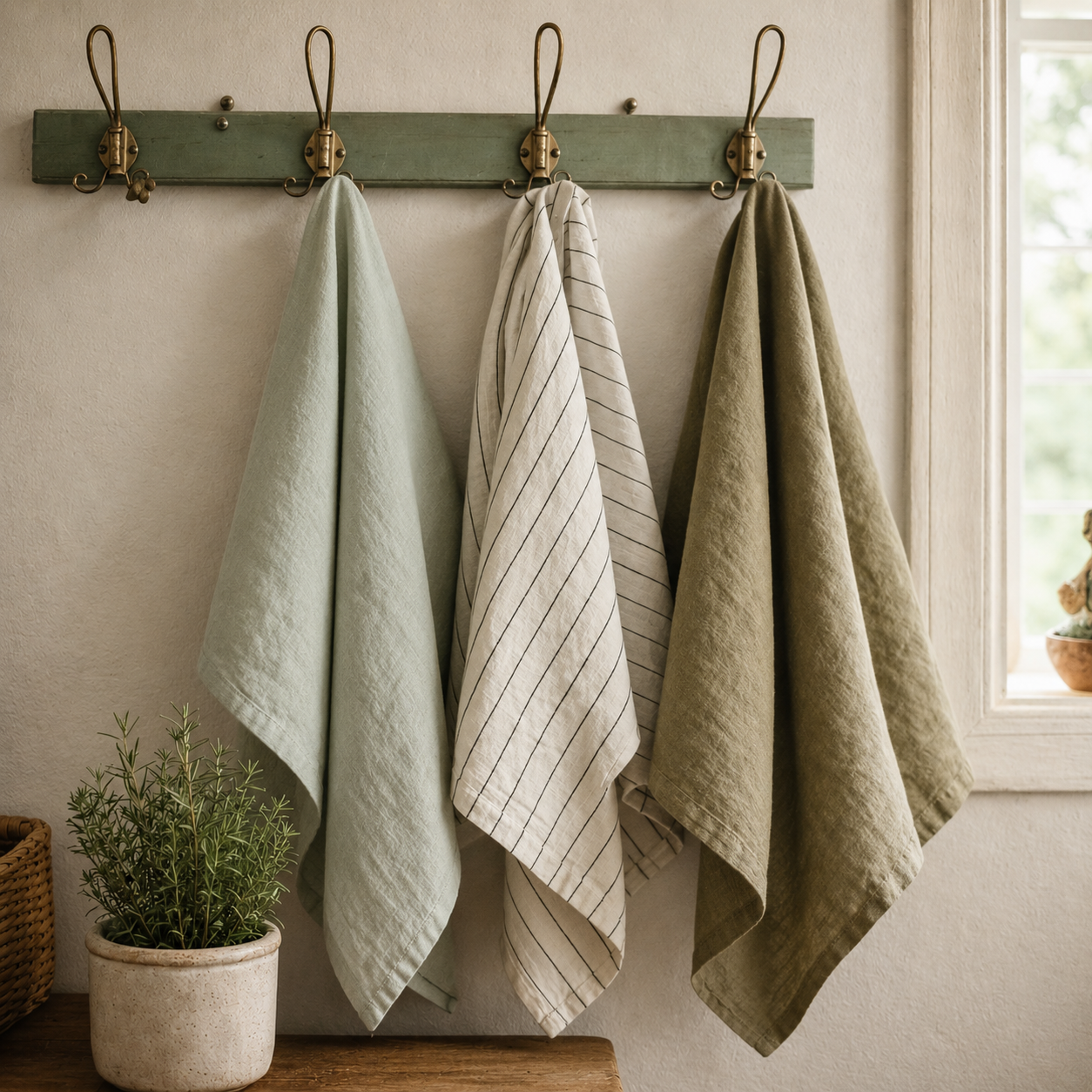 Pure French Linen Tea Towel - Olive Stripe